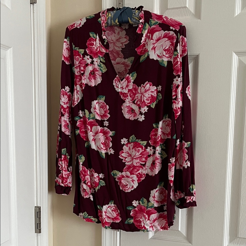Denim&Co Dark Red Floral Blouse